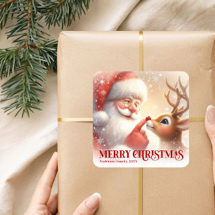 Anpassad Tomte och Rudolf Glädjerik Jul för Barn Fyrkantigt Klistermärke