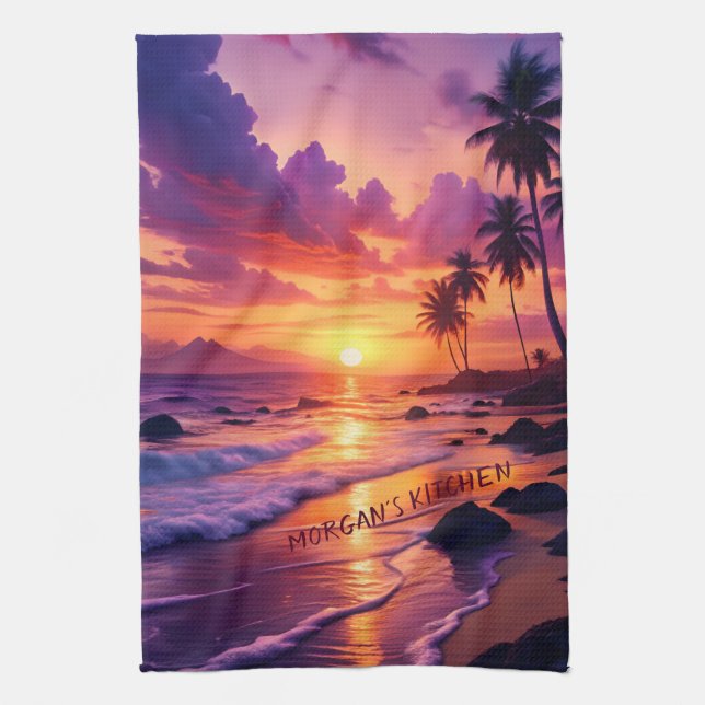 Anpassad Tropical Sunset Beach - Dreamy Coastal Kökshandduk (Vertikal)