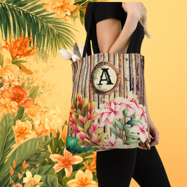 Anpassad Tropisk Bambu & Blommor Monogram Tygkasse (Monogram for someone special!)