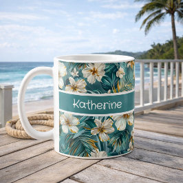 Anpassad Tropisk Hibiskus Blommig Teal Kaffemugg