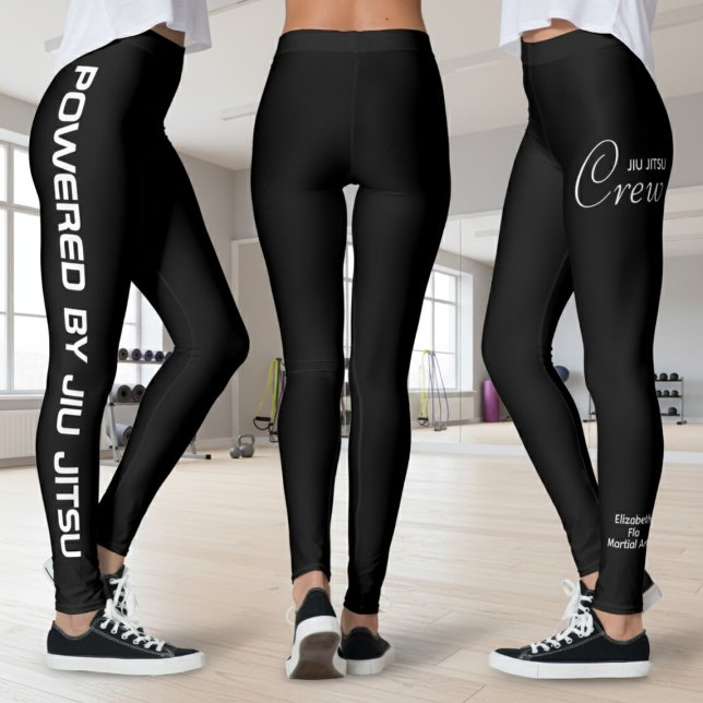Anpassad tryckt Jiu Jitsu Crew Svarta Spats Leggings (Black Jiu Jitsu leggings. Fitness studio background.)