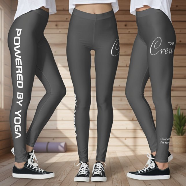 Anpassad tryckt yoga för dam, mörkgrå leggings (Grey yoga leggings shown from 3 angles in a wood yoga studio.)