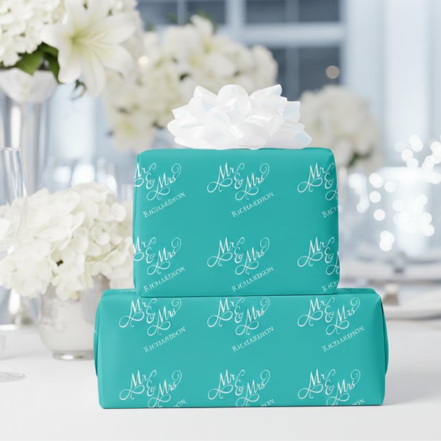 Anpassad Turkos Mr and Mrs Presentpapper (elegant mr and mrs birds egg blue turquoise wedding wrapping paper)