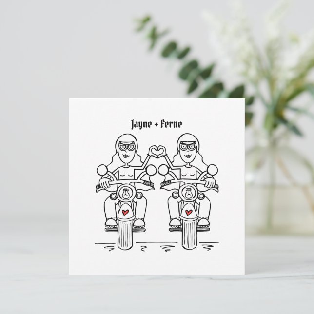 Anpassad Två Brudar Biker Motorcykel Bröllop Inbjudningar (Stående Fram)