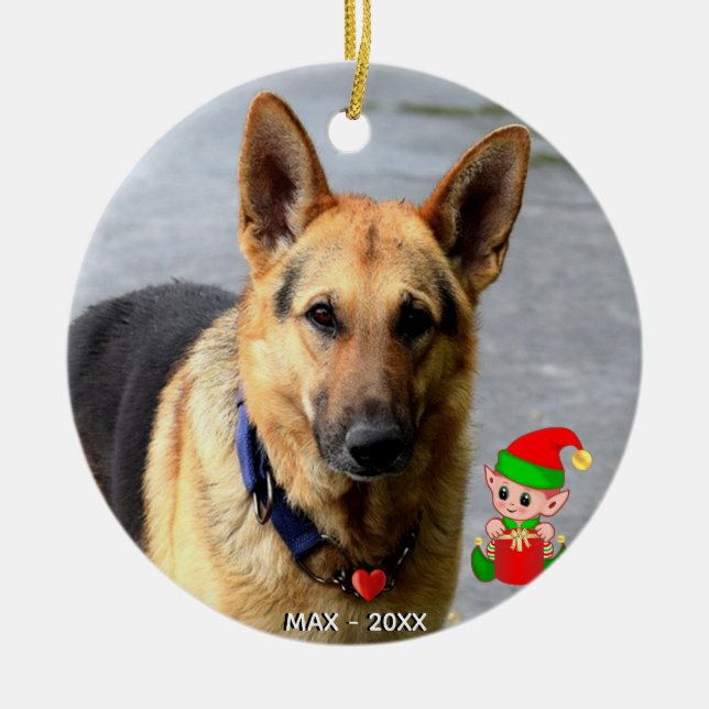Anpassad tysk schäferhund Foto med söt tomte Julgransprydnad Keramik (Framsidan)