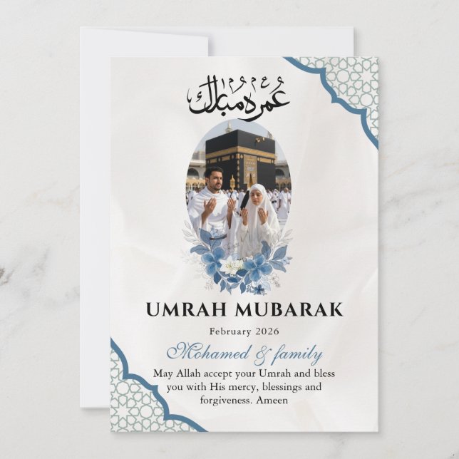 Anpassad Umrah Mubarak Inbjudan Fotokort Islamisk (Framsida)