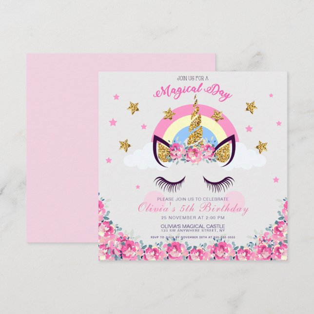 Anpassad Unicorn-Blommigt 5:e födelsedagsinbjudan Inbjudningar (Fram/baksida)