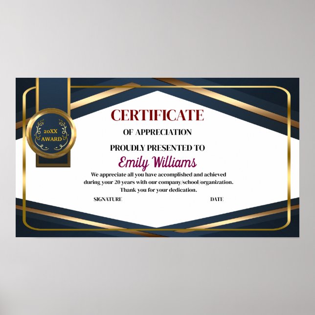 Anpassad uppskattning prestation guldcertifikat poster (Framsidan)
