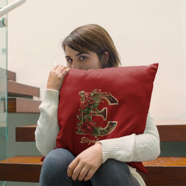 Anpassad utsmyckad monogram E jul röd guld Kudde (Skapare uppladdad)