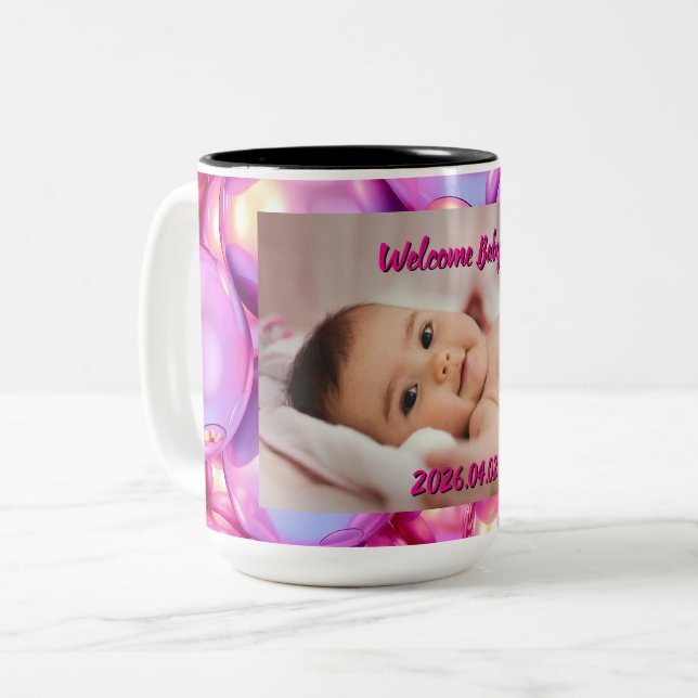 Anpassad välkomst baby foto & text mugg (Framsida vänster)