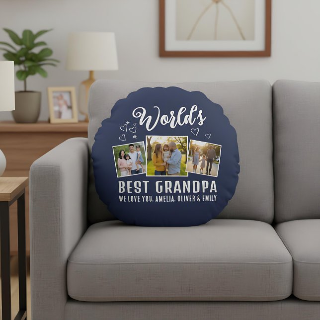 Anpassad Världens Bästa Farfar 3 Foto  Rund Kudde (Skapare uppladdad)