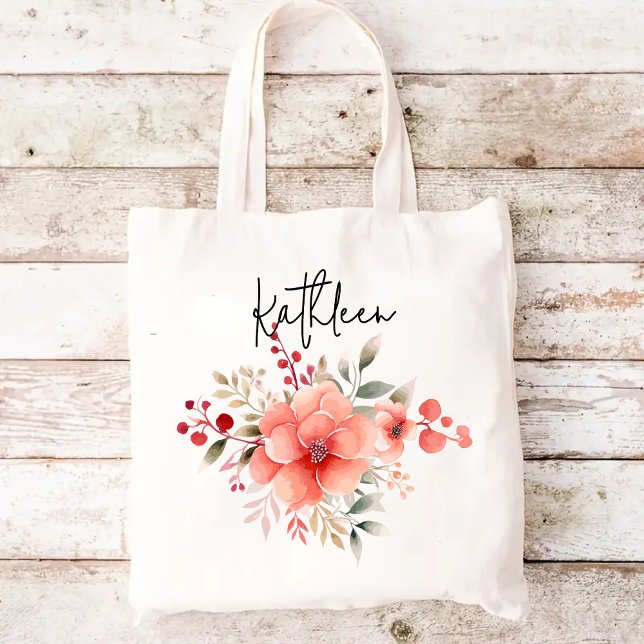 Anpassad väskpresent med akvarellblommor för henne tygkasse (bridesmaid gift bag, bridal shower tote, bride proposal gift, custom name tote bag, birthday present)