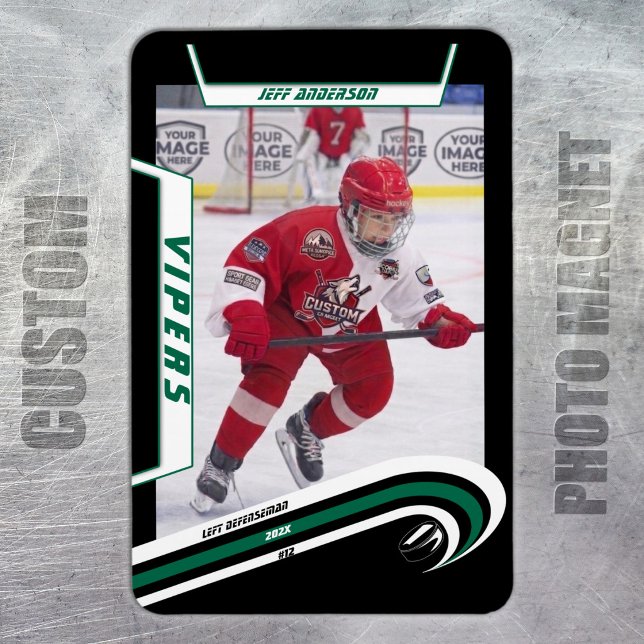 Anpassad Velocity Grön Ishockey Foto Magnet (Ice Hockey: Customize your magnet with a green jersey, player image, logo, and number.)