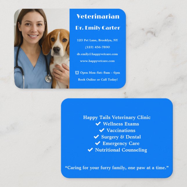 Anpassad veterinär visitkort med foto Blå (Fram/baksida)