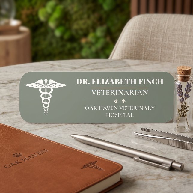 Anpassad veterinärnamnskylt DVM Clinic Caduceus  Namnbricka (Custom Veterinary Name Tag DVM Clinic Caduceus Sage Green
)