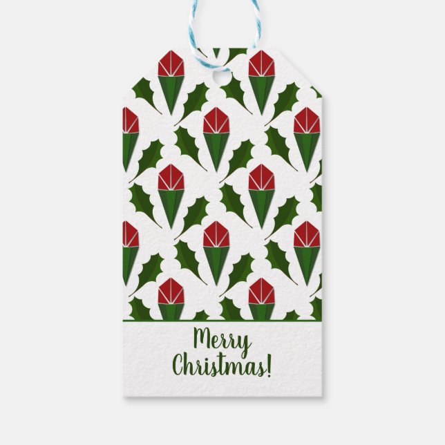 Anpassad Vibrant Röd ros, Holly Helgdag Art Presentetikett (Baksidan)