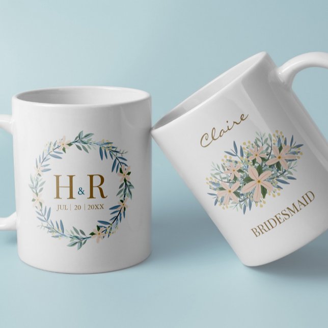 Anpassad vildblomma brudtärna monogram- minnessake kaffemugg (Skapare uppladdad)