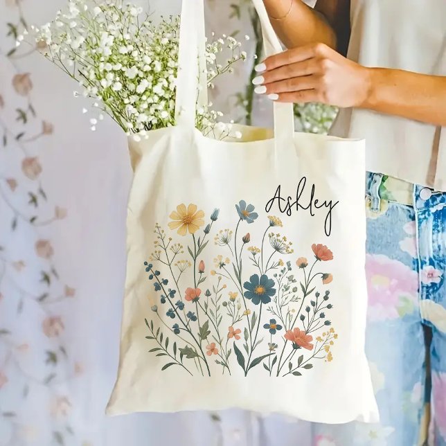 Anpassad vildblomma-handväskor för mamma, present  tygkasse (wildflowers tote bag, personalized tote bag, floral tote bag, bridesmaid proposal gift, teacher gift)