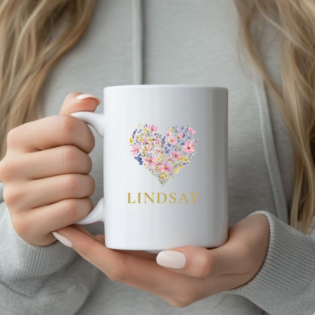Anpassad Vildblomma Hjärtan Namn Mugg (Custom Wildflower Heart Name Mug
)