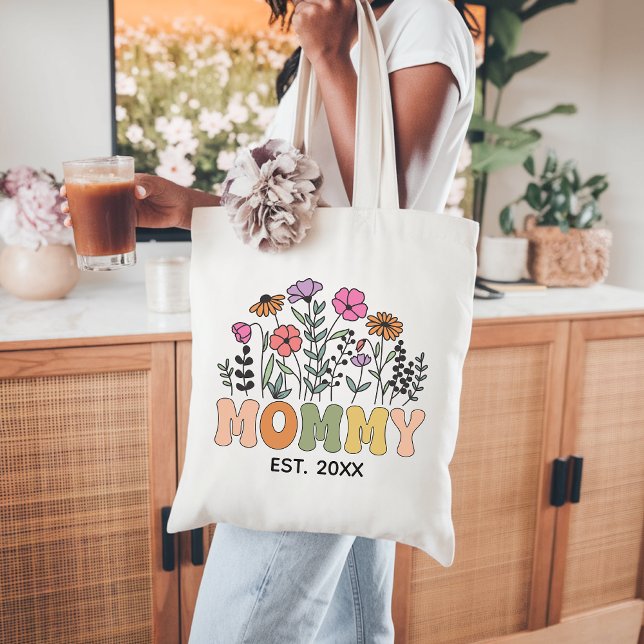 Anpassad vildblomma-mamma-totebag, Ny mamma blommi Tygkasse (wildflower tote bag, custom mom gift, floral tote for mom, personalized mama tote, mothers day gift)