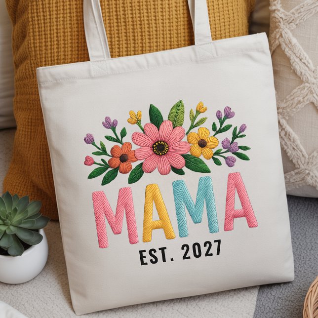 Anpassad vildblomma-mammapåse som present till mor tygkasse (Personalized Wildflower Mama Tote Bag —Embroidered Effect Gift for Mom, Mother’s Day & Birthday)