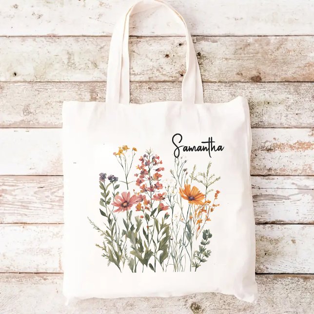 Anpassad vildblomma pågask för mamma lärare gåva tygkasse (wildflowers tote bag, Mother’s Day gift bag, gift for mom, gift for mama, tote bag for women, bride)