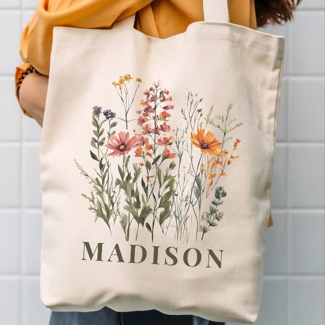 Anpassad vildblomma shoppingväska för mamma brudtä tygkasse (Personalized wildflowers tote bag gift for mom, grandma, friends, bride tribe and bridesmaids)