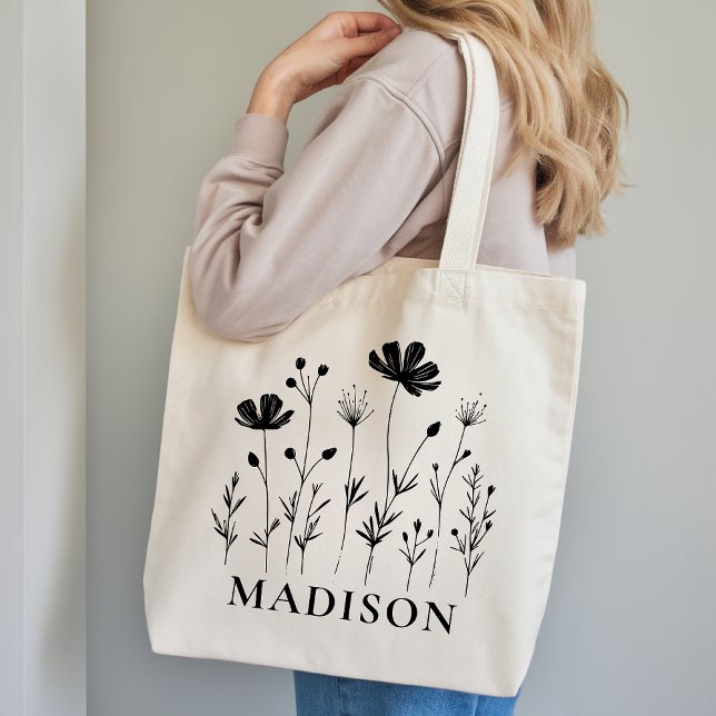 Anpassad vildblommaväska "Tack"-present till henne Tygkasse (Wildflowers Tote Bag Bridal Shower Gift for Her, Custom Floral Tote Bag Bridesmaid Proposal Gift)
