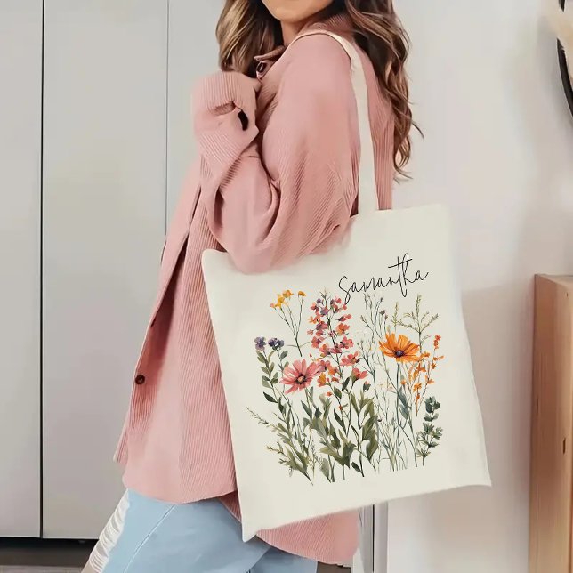 Anpassad vildblommor shoppingväska, Brudtjänstegåv Tygkasse ( personalized tote bag, mothers day gift, birthday gift, graduation gift, gift for mom, Gift for her)