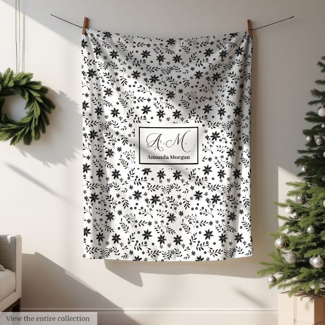 Anpassad vildblomsfilt minimalistisk monogramkonst fleecefilt (Custom Wildflower Blanket Minimalist Monogram Art)