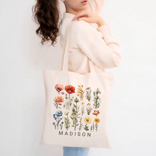 Anpassad vildblomster-handväsk med namnpresent til tygkasse (Personalized Wildflower Tote Bag Custom Name Floral Aesthetic Gift for Her, Mom or Bridesmaid)