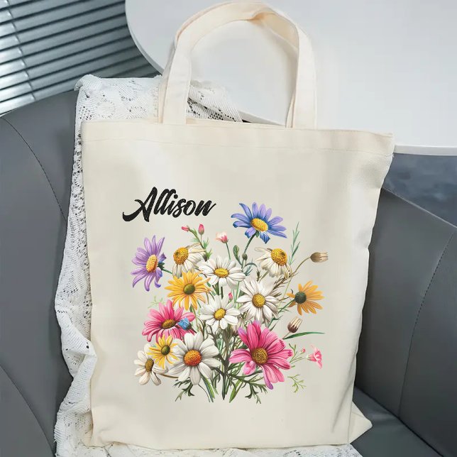 Anpassad vildblomster-shoppingbag för henne, mamma tygkasse (custom name tote, bridesmaid gift, bridal shower gift, bridesmaid proposal tote, baby shower gift)