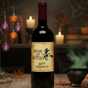 Anpassad vinetikett Drick upp häxor Halloween Vinflaska Etikett