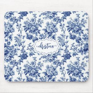 Anpassad Vintage Blommig Marinblå Toile Monogram Musmatta