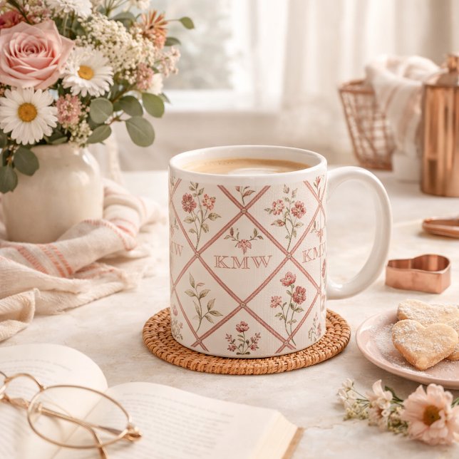Anpassad Vintage Roséblommig Gittermönster Kaffemugg (Skapare uppladdad)