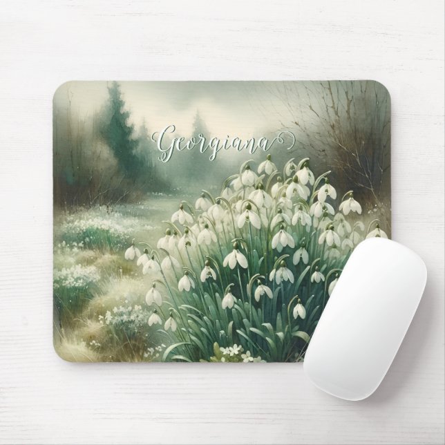 Anpassad Vintage Vattenfärgad Blommigt Snödroppar  Musmatta (Med mus)