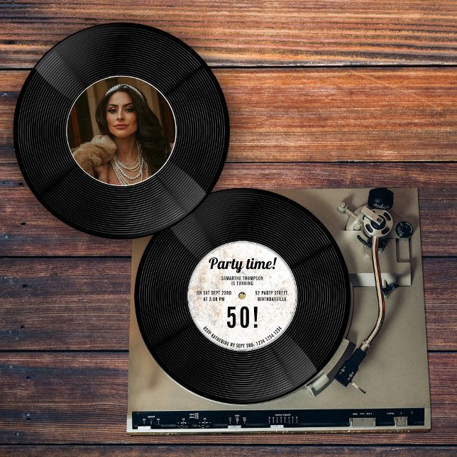 Anpassad vinylskiva Musik Milsolumn Födelsedagsfot Inbjudningar (Custom Vinyl Record Music Milestone Birthday Photo Invitation)
