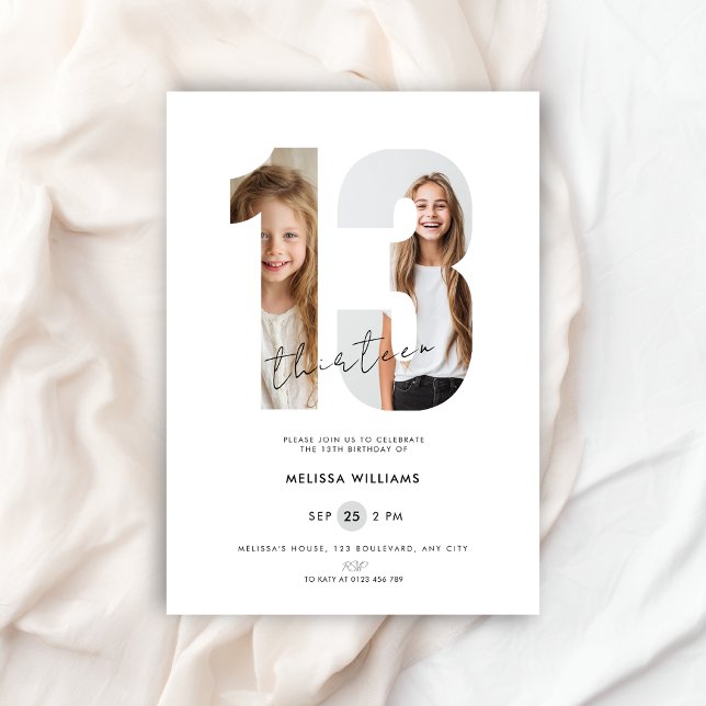 Anpassad Vit Foto Flickor Nummer 13-årsdag Inbjudningar (13th birthday invitation with photo in white color for girls)