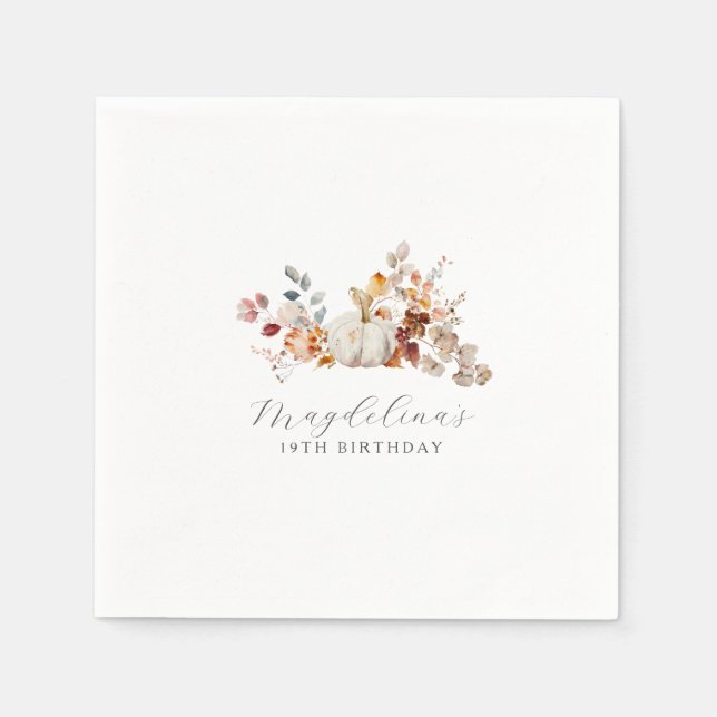 Anpassad vit pumpa höstblommor 19-årsdag pappersservett (Framsidan)