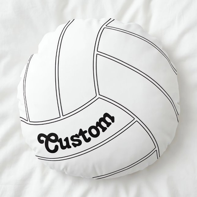 Anpassad volleyboll rund dekorativ kastkudde kudde (Customizable round volleyball pillow on white duvet.)