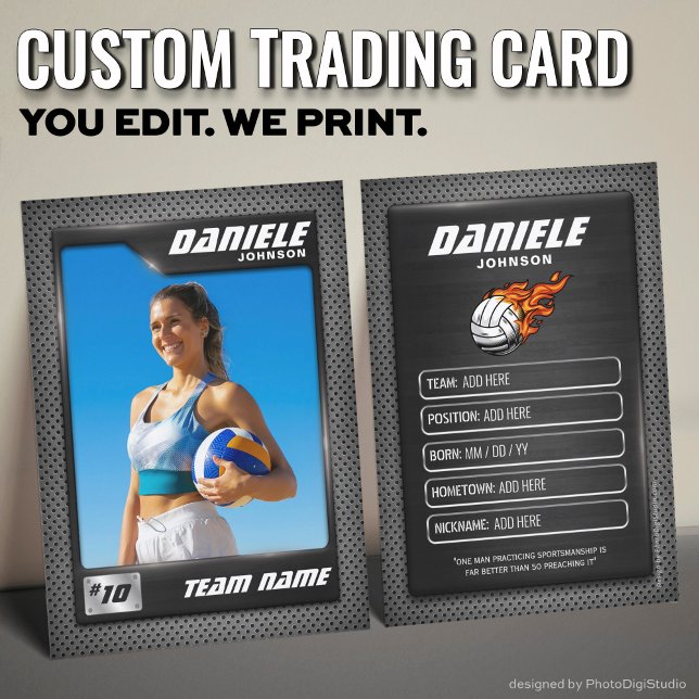 Anpassad volleybollssamlarbild, svart grafit (Custom Volleyball Trading Card Volley Player Cards)