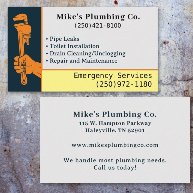 Anpassad VVS-service Proffs Visitkort (Plumbing Orange and Blue Pipe Wrench Plumber Business Card)