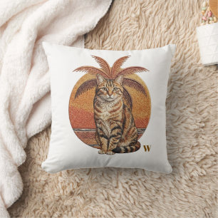 Anpassad "W" Broderad Katt & Palmtree Solnedgång Kudde
