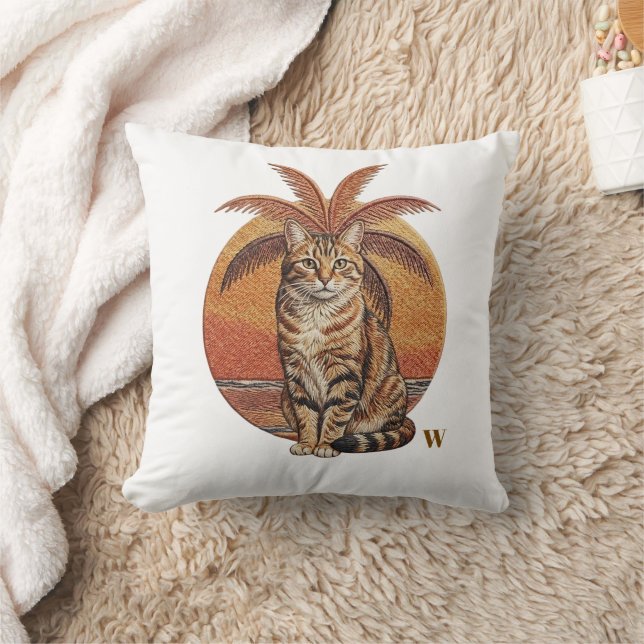 Anpassad "W" Broderad Katt & Palmtree Solnedgång Kudde (Filt)