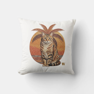 Anpassad "W" Broderad Katt & Palmtree Solnedgång Kudde