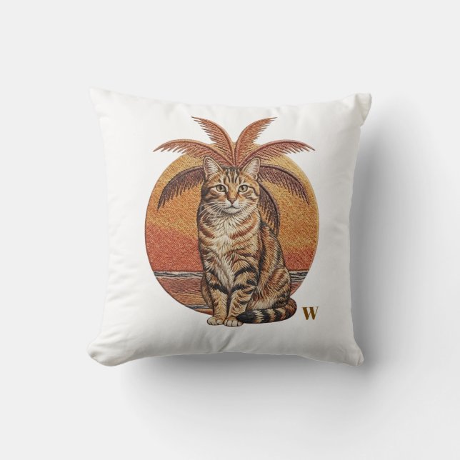 Anpassad "W" Broderad Katt & Palmtree Solnedgång Kudde (Framsida)