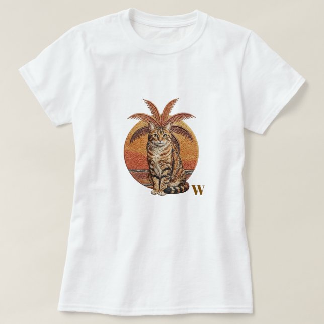 Anpassad "W" Broderad Katt & Palmtree Solnedgång T Shirt (Design framsida)