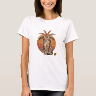 Anpassad "W" Broderad Katt & Palmtree Solnedgång T Shirt