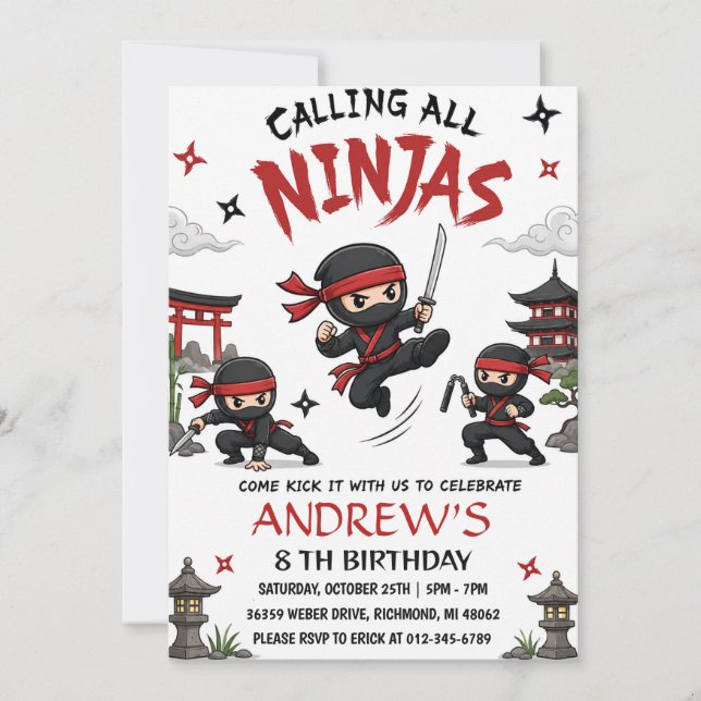 Anpassad Warrior Ninja Födelsedagsfest Inbjudningar (Framsida)