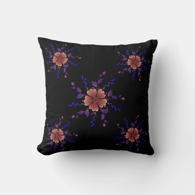 Anpassad Whimsical Koppar och Lila Folkkonst Blomm Kudde (Framsida)